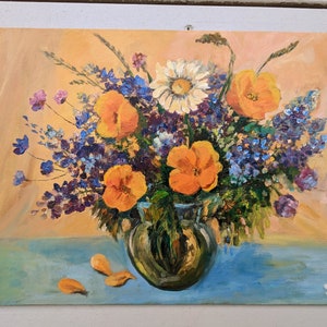 Wildflowers bouquet, California poppies wall decor, Original Oil painting on canvas panel 12&#39;&#39; x 16&#39;&#39;,