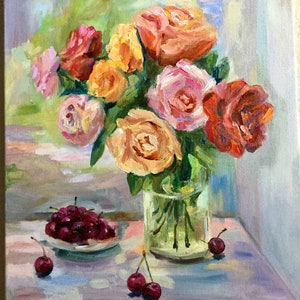 Still life with roses original art ,roses oil painting on canvas 14&#39;&#39; x 18&#39;&#39;