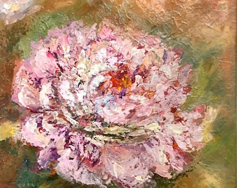 Abstract peony original oil painting on stretched canvas  12'' x 12", floral art gift