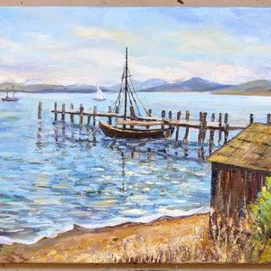 California Seascape Painting ,Old Fishing Boat, Bay Area Painting, Original oil painting on canvas 14&#39;&#39;x 18&#39;&#39;