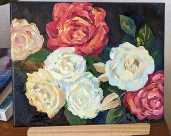 Pintura al óleo original de rosas sobre lienzo, obra de arte floral impresionista (8x10)