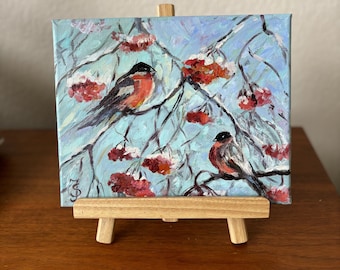 Original Birds Oil Painting, Winter Birds Art, 8"x 10" Canvas Art