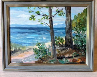 額入りタホ湖の油絵：カリフォルニアの風景画、9インチ×12インチ
