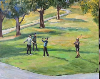 Original Golf Sport Oil Painting, Landscape Canvas Art (20"x 20"x 1,5")