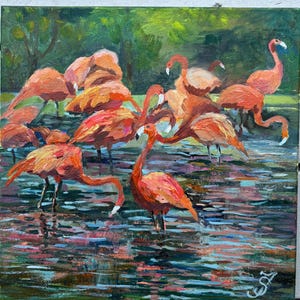 Flamingo oil painting, ORIGINAL oil painting on stretched canvas 12&quot; x 12&quot;