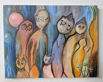 Surreal Expressionist Oil Painting on Canvas, "Weird People" 14x18