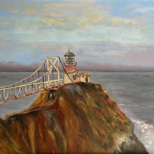 Point Bonita Lighthouse Coastal Oil Painting – Original Seascape Wall Art, California Cliff Ocean View, 16&#39;&#39;x 20” canvas