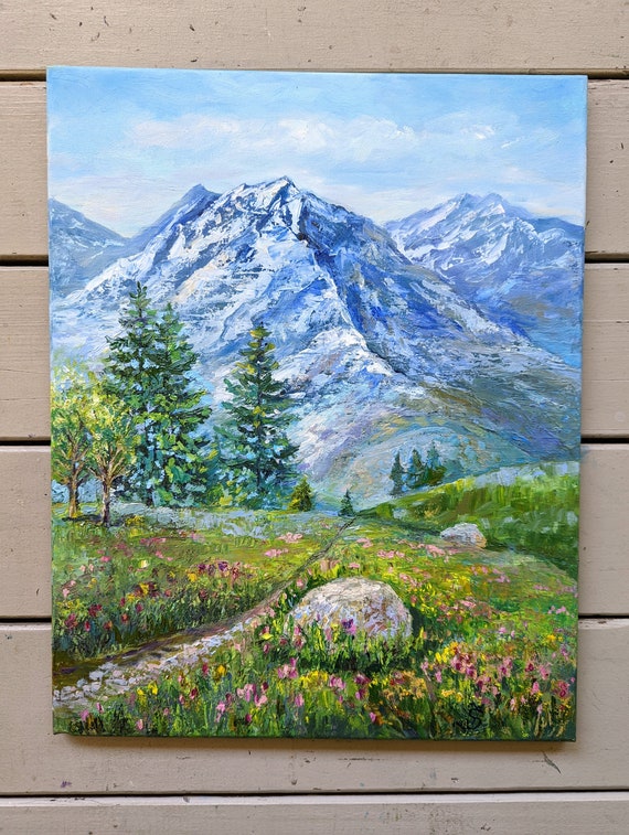 Paysage de printemps de montagnes, peinture de paysage, peinture