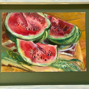 Watermelon painting ,still life original painting , oil painting in a wooden frame , home wall decor