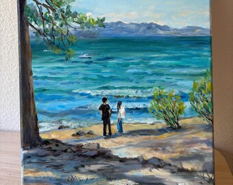 レイクタホのオリジナル油絵：カリフォルニアの風景画、16インチ×12インチ