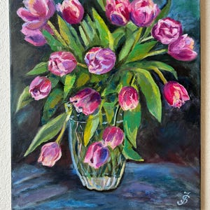 Pink Tulips wall art, original oil painting on  canvas 14&quot;x 18&quot;, Red Flower Spring home decor, gift for women .