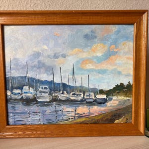 Sailing yachts in harbor, Original  oil painting on canvas panel 11&quot;x 14&quot;,Seascape wall art Sailboats impressionism painting