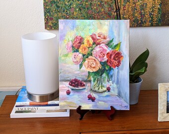 バラのある静物画 オリジナルアート キャンバスに描かれたバラの油絵
