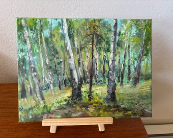 Original Birch Forest Oil Painting, Textured Landscape Wall Art 12"x 16''
