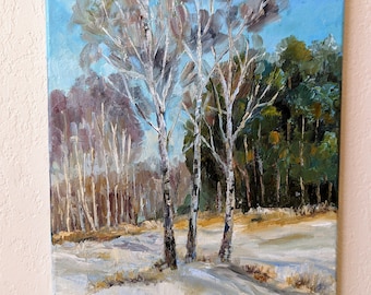 Pintura al óleo original de bosque invernal, arte mural paisajístico, pintura sobre lienzo de 30 x 40 cm