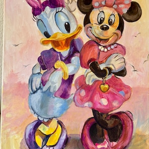 Art Minnie Mouse and Daisy Duck Oil Painting 20&#39;x 16&quot; Wall Art - Cartoon Romance With Daisy Duck and Minnie Mouse - Decor for kid&#39;s room