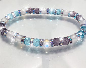 Gemstone Anklet with Aquamarine Austrian Crystal, Moonstone, Purple Tanzanite, & AB Rhinestone Crystals for Love, Twin Flame Gifts