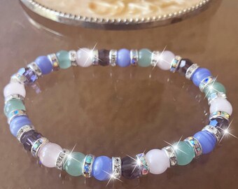 Gemstone Anklet with Green Aventurine, Rose Quartz, Purple Tanzanite, Blue Lace Agate & AB Rhinestone Crystals for Love, Twin Flame Gifts