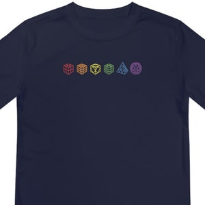 May include: A navy blue long-sleeve shirt with a rainbow-colored geometric design on the front. The design features a series of five different shapes, each outlined in a different color of the rainbow.