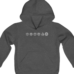 May include: A dark heather grey youth hoodie with a white geometric design on the front. The design features a series of geometric shapes, including a cube, a heart, a pyramid, and a circle.