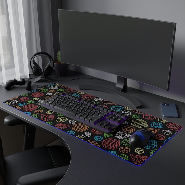 LED Gaming Desk Mat, Mouse Pad, Rubik's Cube Line Art