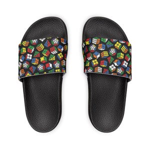 Mixed Cubes Youth Slides, Rubik's Cube Summer Sandals, Black Background House Shoes, Beach, Pool, Kids, Vacation, Holiday