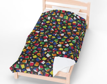 Cubes All Over Velveteen Plush Blanket - Rubik&#39;s Cube Blanket with a Black Background