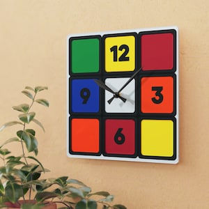 Rubik&#39;s Cube Acrylic Wall Clock with Numbers, Square, Bedroom Decor