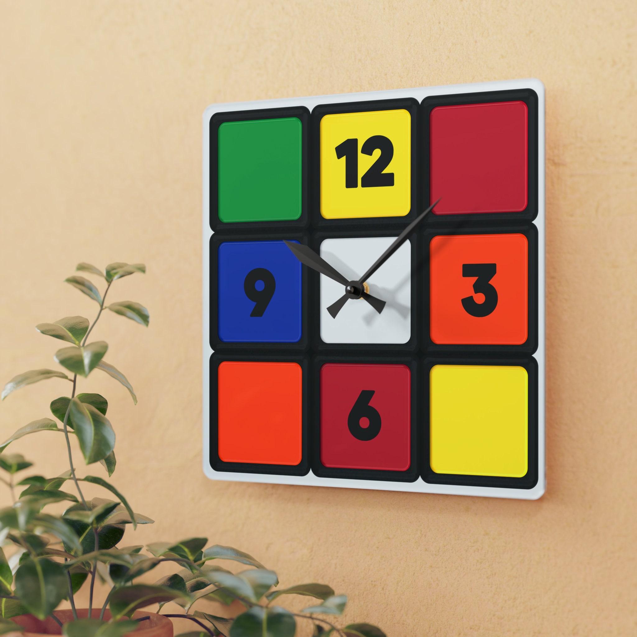 Rubik's Cube Acrylic Wall Clock with Numbers, Square, Bedroom Decor