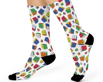 Rubik's Cube Cushioned Crew Socks - Cubes All Over - White