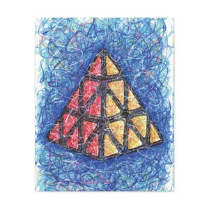 May include: An abstract art print depicting a pyramid puzzle. The puzzle is divided into red and yellow triangular sections, outlined in black. The background is a vibrant blue with scribbled lines.