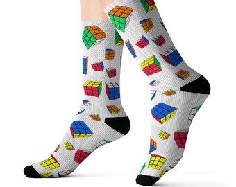 Cubes All Over - Rubik&#39;s Cube Socks - Fun Socks for Men, Women, Adult, Kids, Teens - White