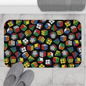 Rubik's Cube Bath Mat - Soft and Squishy Mat Covered with Rubik's Cubes, Kids Boys Bathroom, Pyraminx, Megaminx, Square-1, and More
