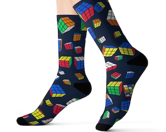 Cubes All Over - Dark Blue Rubik&#39;s Cube Socks - Fun Socks for Men, Women, Adult, Kids, Teens