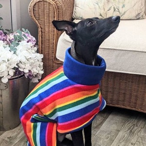 Reversible Whippet Fleece Coat - Multicoloured Stripe/Various Colour Reverse . Made to order.