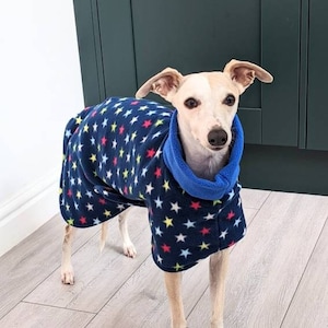 Reversible Whippet Fleece Coat - Multicoloured Star/Various Colour Reverse . Made to order.