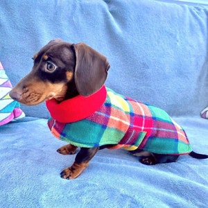 Reversible Daschund Fleece Coat - Tartan/Various Colour Reverse . Made to order.