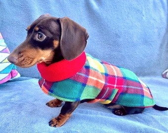 Reversible Daschund Fleece Coat - Tartan/Various Colour Reverse . Made to order.