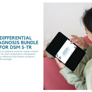 May include: A person holding a black tablet displaying a document titled "DIFFERENTIAL DIAGNOSIS BUNDLE FOR DSM 5-TR." The document features text and colorful geometric shapes. The tablet is held against a pink surface.