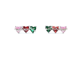Sterling Silver Heart Linear Earrings: Red, Pink, Green Cubic Zirconia