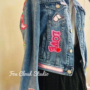 Upcycled Pink Patch Dream Denim Jacket – Unique, Girly, and Full of Positivity! (Child Large)
