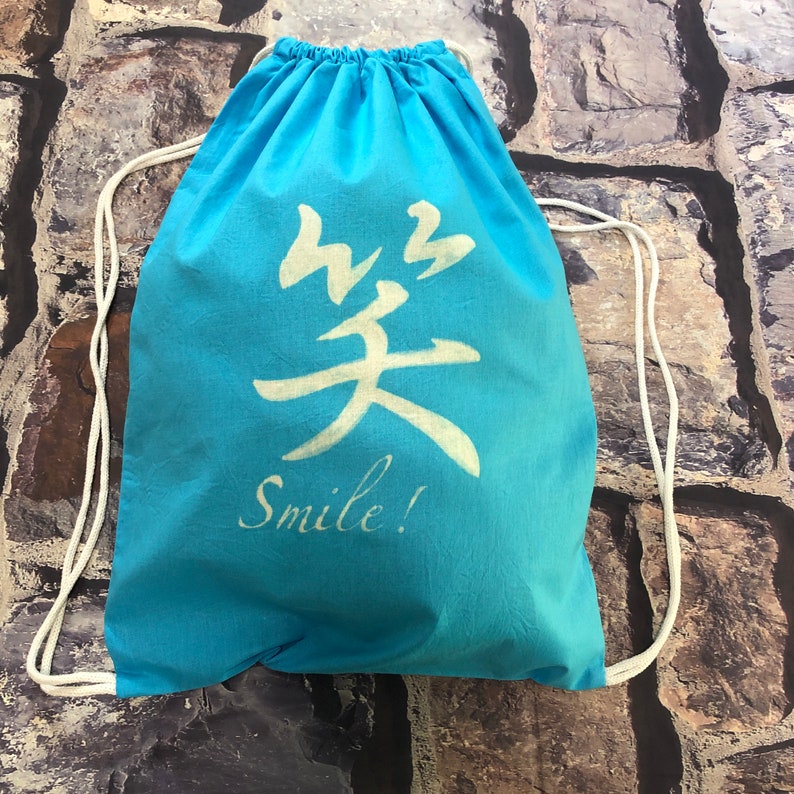 knapsack Bright Blue custom \u201csmile\u201d KANJI drawstring bag backpack