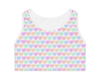 Conversation Heart Pattern Sports Bra | Pastel Candy Hearts All Over Print
