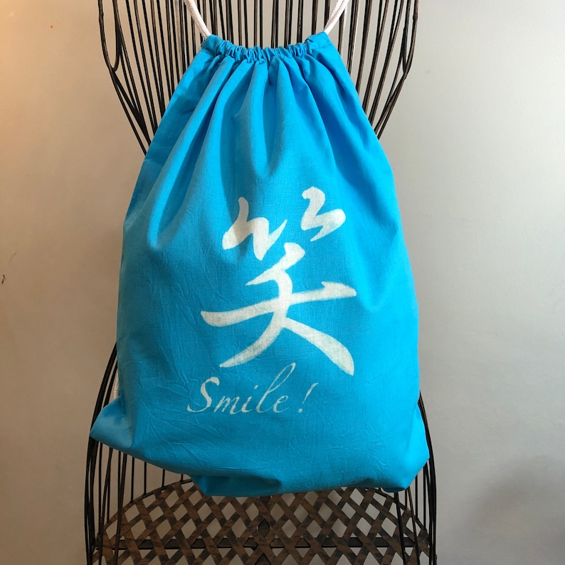 knapsack Bright Blue custom \u201csmile\u201d KANJI drawstring bag backpack