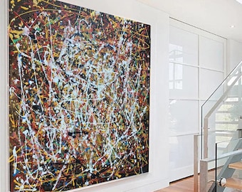 May include: Abstract art painting with a black background and colorful splashes of paint in white, yellow, red, blue, and green.
