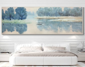 Blue Rhyme Water Town,A Quiet Realm of Blue and Beige, Green,Handmade Wall Art,Oil Painting,Acrylic Painting