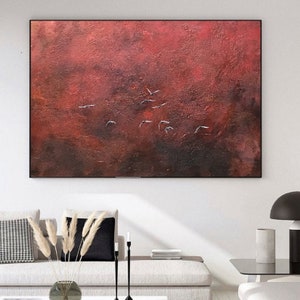 Flying Birds Original Painting,Pure Red Wall Decor,Oversize Painting,Abstract Art Painting,Minimalist Wall Art,Crimson Wall Art,02