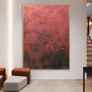 Flying Birds Original Painting,Pure Red Wall Decor,Oversize Painting,Abstract Art Painting,Minimalist Wall Art,Crimson Wall Art