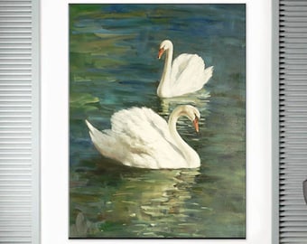 Cisnes jugando en el agua, una tranquila canción de amor en blanco y verde, arte mural hecho a mano, pintura al óleo, pintura acrílica
