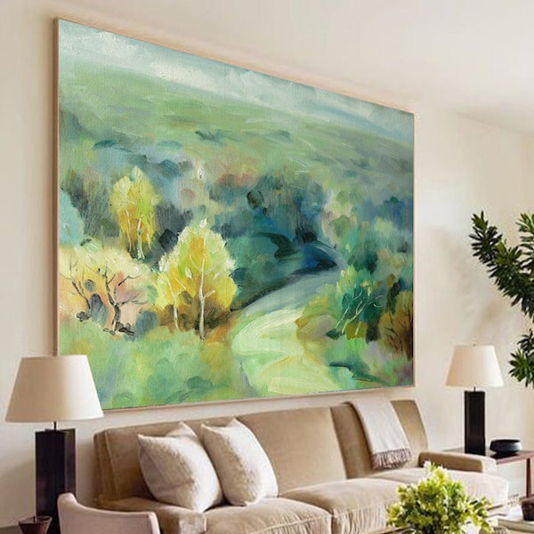 Autumn in the Valley,Natural Symphony of Yellow and Green, Blue,Handmade Wall Art,Oil Painting,Acrylic Painting
